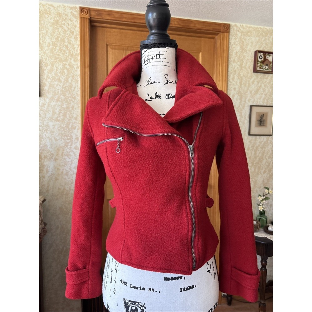 Vintage Ralph Lauren Blue Label 100% Wool Red Jacket Size 6 Cropped Moto